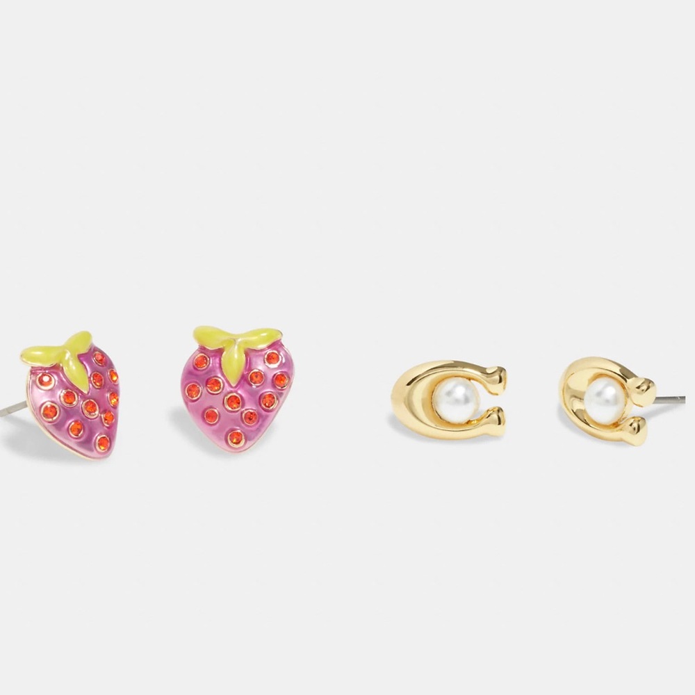 Coach Strawberry Signature Stud Earrings Set,nwt .